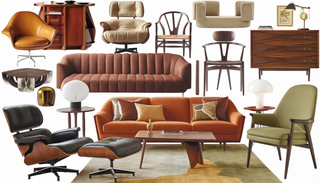 Elegant living room featuring Mid-Century Modern furniture with an Eames Lounge Chair and Ottoman, surrounded by iconic pieces like a Vladimir Kagan sofa and Hans Wegner Wishbone chairs.