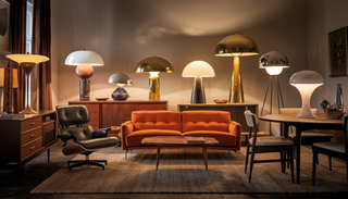 A sophisticated Mid-Century Modern room featuring vintage brass table lamps, an Eames Lounge Chair, Vladimir Kagan sofa, and Hans Wegner dining chair.