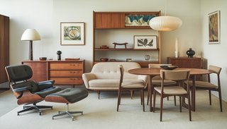 A contemporary dining room featuring Mid-Century Modern design with an Eames Lounge Chair, Vladimir Kagan sofa, Hans Wegner dining chairs, and a George Nelson dresser in a refined color palette.