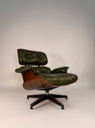 1st Generation Eames Lounge Chair in Rosewood with New Moss Green Leather