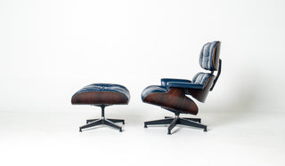 Early First Generation Eames 670/671 Lounge Chair & Ottoman in Brazilian Rosewood and Midnight Blue Leather