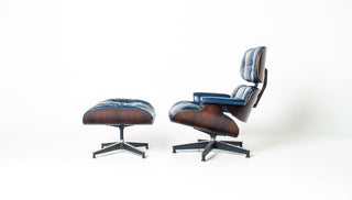 Early First Generation Eames 670/671 Lounge Chair & Ottoman in Brazilian Rosewood and Midnight Blue Leather