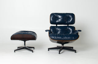 Early First Generation Eames 670/671 Lounge Chair & Ottoman in Brazilian Rosewood and Midnight Blue Leather