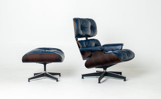 Early First Generation Eames 670/671 Lounge Chair & Ottoman in Brazilian Rosewood and Midnight Blue Leather