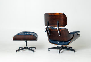 Early First Generation Eames 670/671 Lounge Chair & Ottoman in Brazilian Rosewood and Midnight Blue Leather