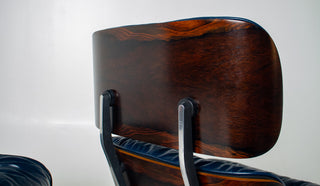 Early First Generation Eames 670/671 Lounge Chair & Ottoman in Brazilian Rosewood and Midnight Blue Leather