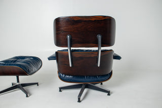 Early First Generation Eames 670/671 Lounge Chair & Ottoman in Brazilian Rosewood and Midnight Blue Leather