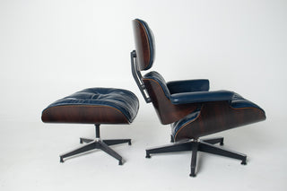 Early First Generation Eames 670/671 Lounge Chair & Ottoman in Brazilian Rosewood and Midnight Blue Leather
