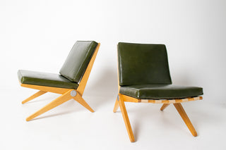 Rare Pair of Pierre Jeanneret Scissor Lounge Chairs for Knoll in Moss Leather