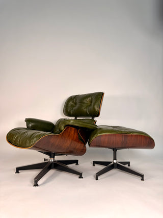 1st Generation Eames Lounge Chair in Rosewood with New Moss Green Leather