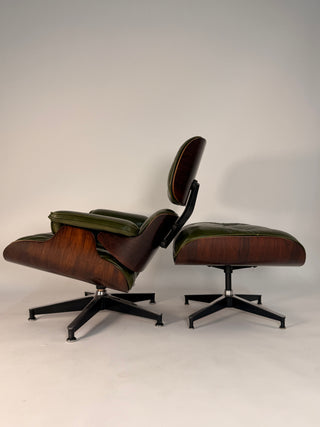 1st Generation Eames Lounge Chair in Rosewood with New Moss Green Leather