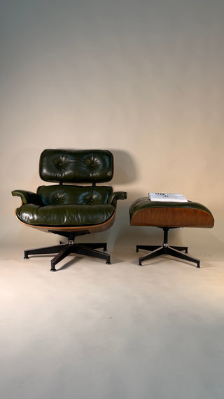 Rare Vintage Eames Lounge Chair & Ottoman 670/671 – 2nd Generation, 1960s | Walnut & Moss Green Leather
