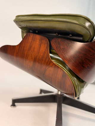 1st Generation Eames Lounge Chair in Rosewood with New Moss Green Leather