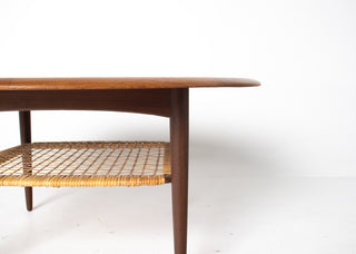 Johannes Andersen Teak Round Coffee Table with Cane Shelf