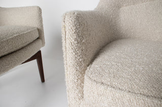 Pair of Jens Risom Swivel Lounge Chairs in Cream Bouclé with Walnut Bases