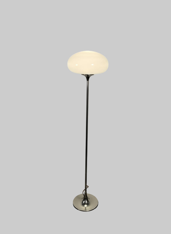 Tall Floor Lamp with White Biomorphic Shape with alumnium stem and stand. 