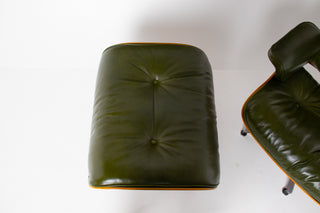 Early 3rd Generation Eames Lounge Chair and Ottoman in Rosewood & Moss Green Leather