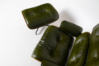 Early 3rd Generation Eames Lounge Chair and Ottoman in Rosewood & Moss Green Leather