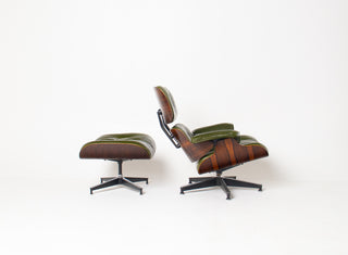 Early 3rd Generation Eames Lounge Chair and Ottoman in Rosewood & Moss Green Leather