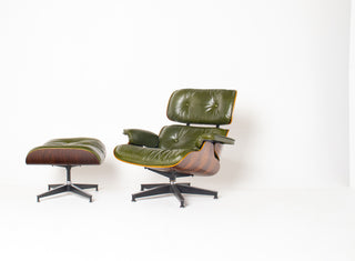 Early 3rd Generation Eames Lounge Chair and Ottoman in Rosewood & Moss Green Leather
