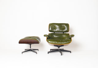 Early 3rd Generation Eames Lounge Chair and Ottoman in Rosewood & Moss Green Leather