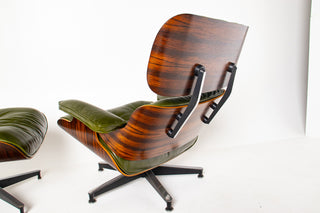 Early 3rd Generation Eames Lounge Chair and Ottoman in Rosewood & Moss Green Leather