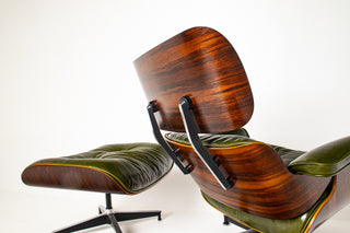 Early 3rd Generation Eames Lounge Chair and Ottoman in Rosewood & Moss Green Leather