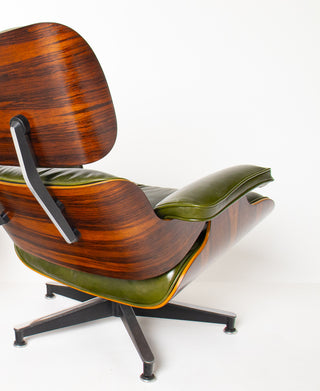 Early 3rd Generation Eames Lounge Chair and Ottoman in Rosewood & Moss Green Leather