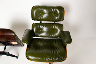 Early 3rd Generation Eames Lounge Chair and Ottoman in Rosewood & Moss Green Leather