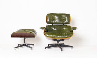 Early 3rd Generation Eames Lounge Chair and Ottoman in Rosewood & Moss Green Leather