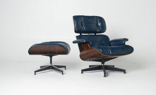 3rd Generation Eames Lounge Chair & Ottoman in Brazilian Rosewood and Midnight Blue Leather by Herman Miller