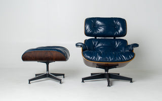 3rd Generation Eames Lounge Chair & Ottoman in Brazilian Rosewood and Midnight Blue Leather by Herman Miller