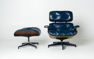 3rd Generation Eames Lounge Chair & Ottoman in Brazilian Rosewood and Midnight Blue Leather by Herman Miller