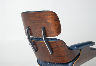 3rd Generation Eames Lounge Chair & Ottoman in Brazilian Rosewood and Midnight Blue Leather by Herman Miller