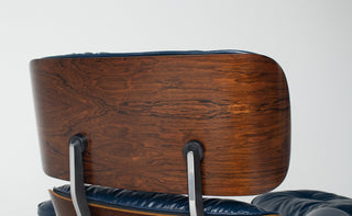 3rd Generation Eames Lounge Chair & Ottoman in Brazilian Rosewood and Midnight Blue Leather by Herman Miller