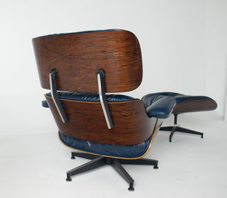 3rd Generation Eames Lounge Chair & Ottoman in Brazilian Rosewood and Midnight Blue Leather by Herman Miller