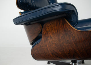 3rd Generation Eames Lounge Chair & Ottoman in Brazilian Rosewood and Midnight Blue Leather by Herman Miller