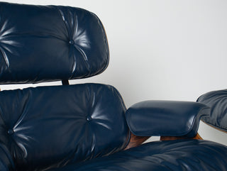 3rd Generation Eames Lounge Chair & Ottoman in Brazilian Rosewood and Midnight Blue Leather by Herman Miller