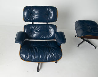 3rd Generation Eames Lounge Chair & Ottoman in Brazilian Rosewood and Midnight Blue Leather by Herman Miller