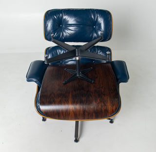 3rd Generation Eames Lounge Chair & Ottoman in Brazilian Rosewood and Midnight Blue Leather by Herman Miller