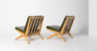 Rare Pair of Pierre Jeanneret "Scissors" Lounge Chairs for Knoll in Moss Green Leather