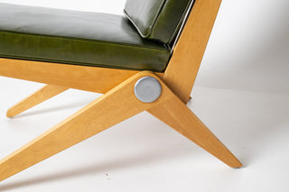 Rare Pair of Pierre Jeanneret "Scissors" Lounge Chairs for Knoll in Moss Green Leather