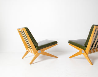 Rare Pair of Pierre Jeanneret "Scissors" Lounge Chairs for Knoll in Moss Green Leather