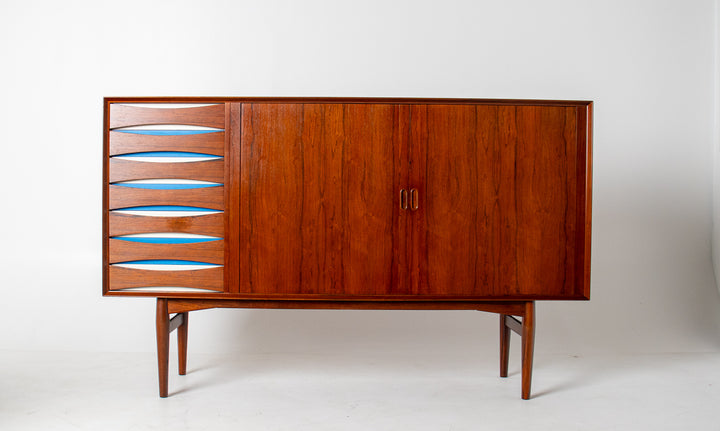 Arne Vodder Rosewood Credenza with Blue & White Drawers, Denmark, 1960