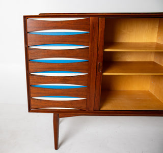 Arne Vodder Rosewood Credenza with Blue & White Drawers, Denmark, 1960