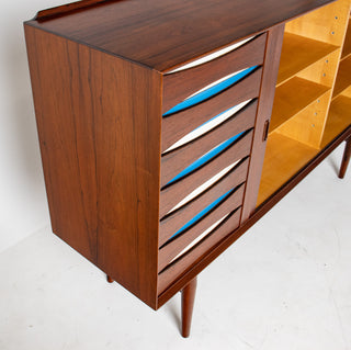 Arne Vodder Rosewood Credenza with Blue & White Drawers, Denmark, 1960