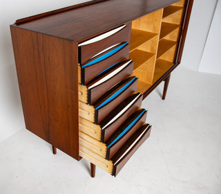 Arne Vodder Rosewood Credenza with Blue & White Drawers, Denmark, 1960
