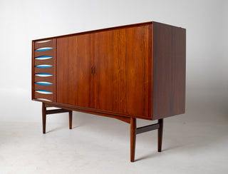 Arne Vodder Rosewood Credenza with Blue & White Drawers, Denmark, 1960