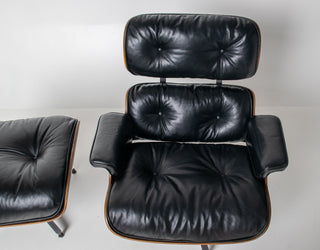 Early 1st Generation Eames Lounge Chair and Ottoman in Rosewood and Black Leather