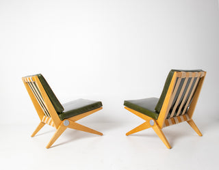 Rare Pair of Pierre Jeanneret "Scissors" Lounge Chairs for Knoll in Moss Green Leather